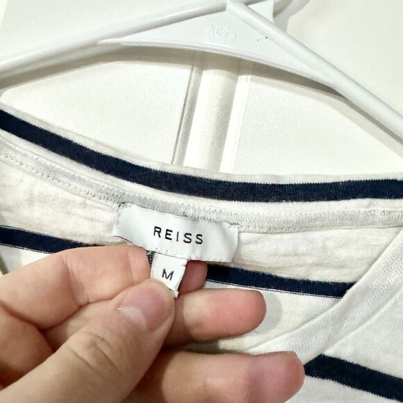 REISS Shirt Women Size M Short Sleeve Cotton Crewneck Navy Blue & White Casual - Picture 2 of 6